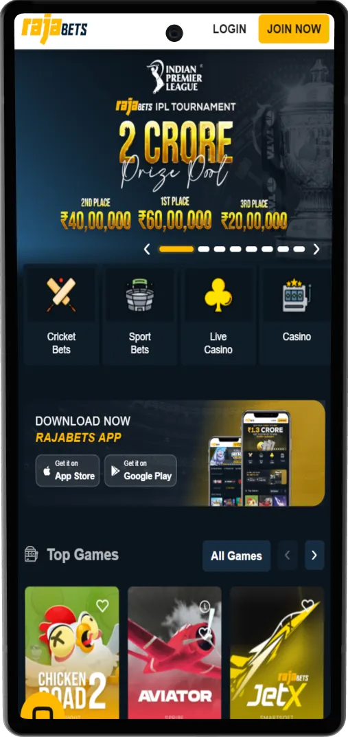 Rajabets mobile home screen